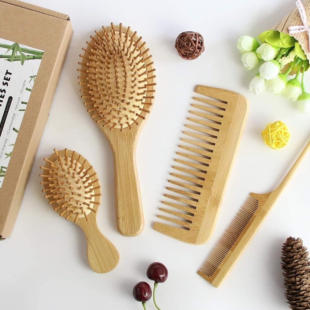 Hair Brush Set, Natural Bamboo Comb Paddle Detangling Hairbrush, Wide-tooth and - Picture 8 of 9